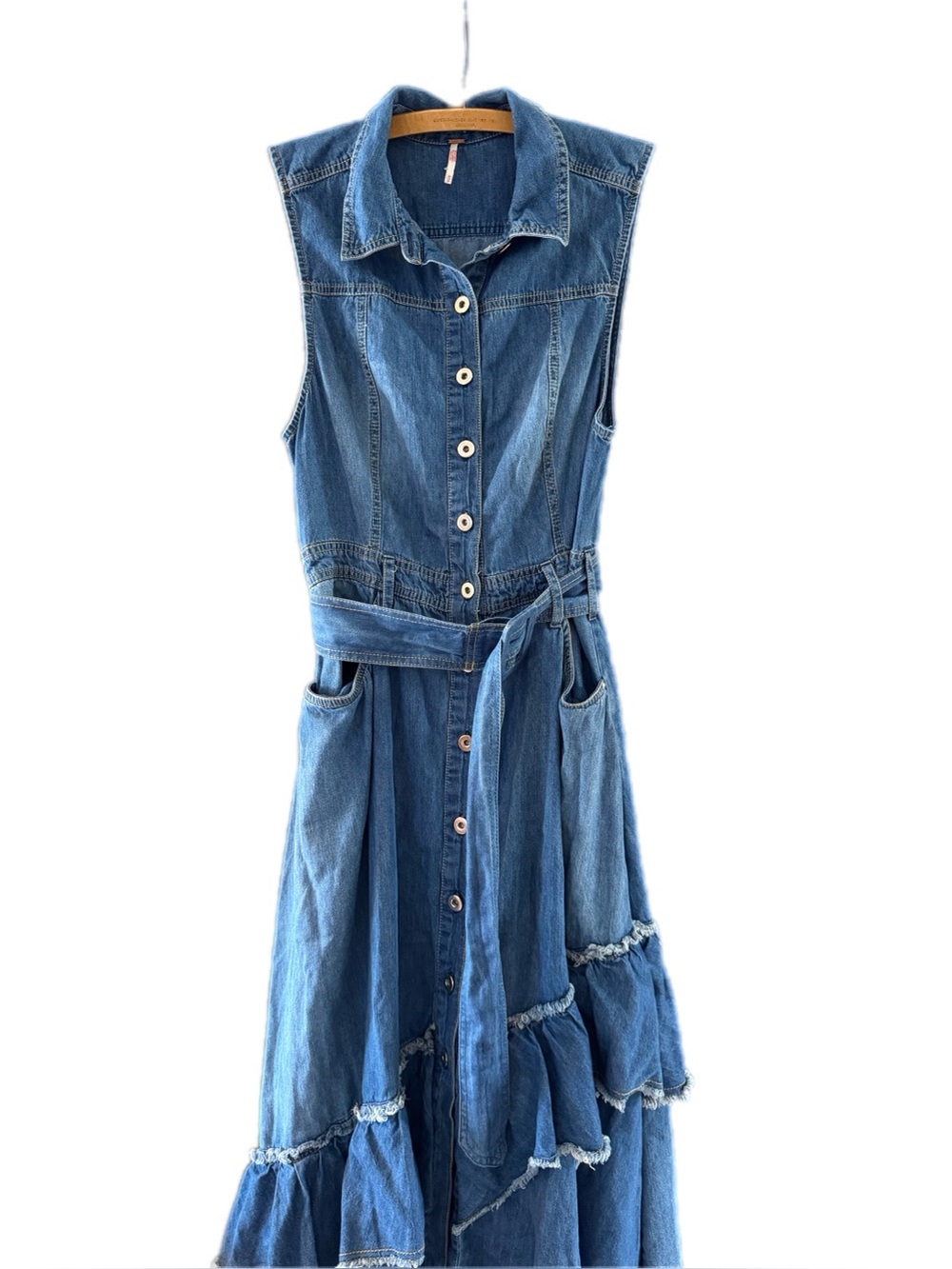 Free People Beau Midi denim asymmetrical tiered dress medium like new - Picture 12 of 16